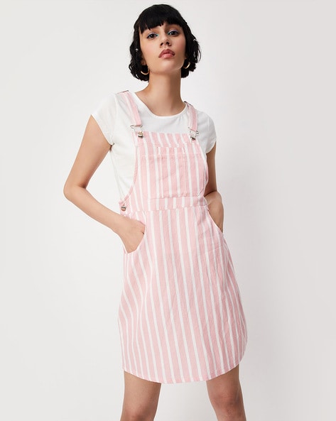 Striped Dungaree Dress with Slip-Pockets