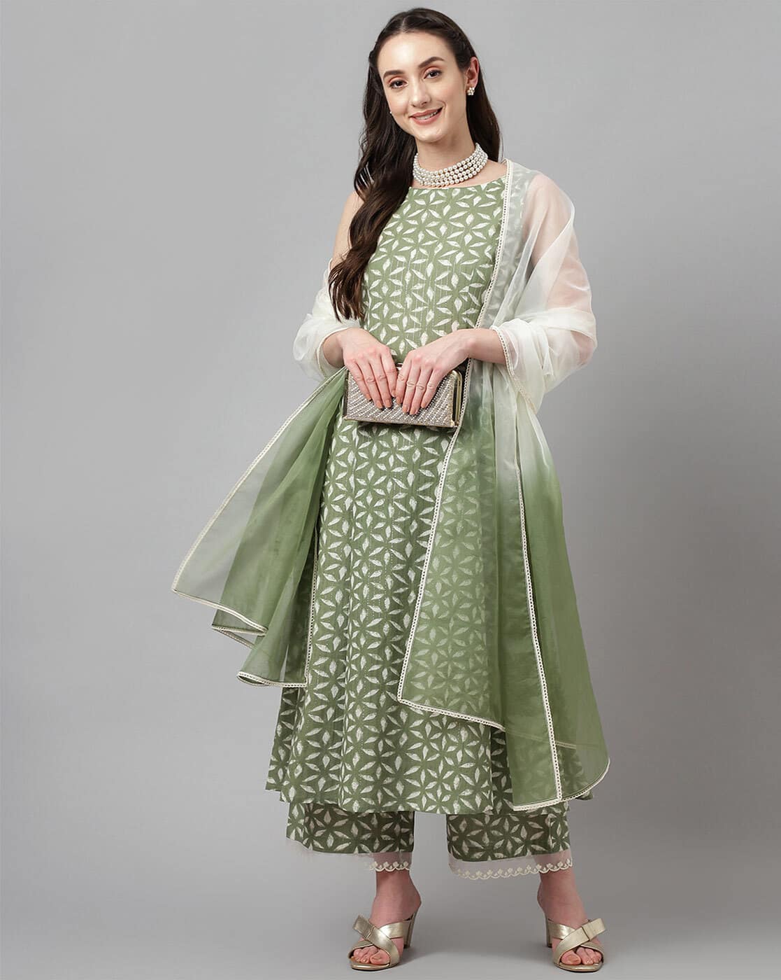 FIORRA Floral Print Flared Kurta Suit Set (Green)