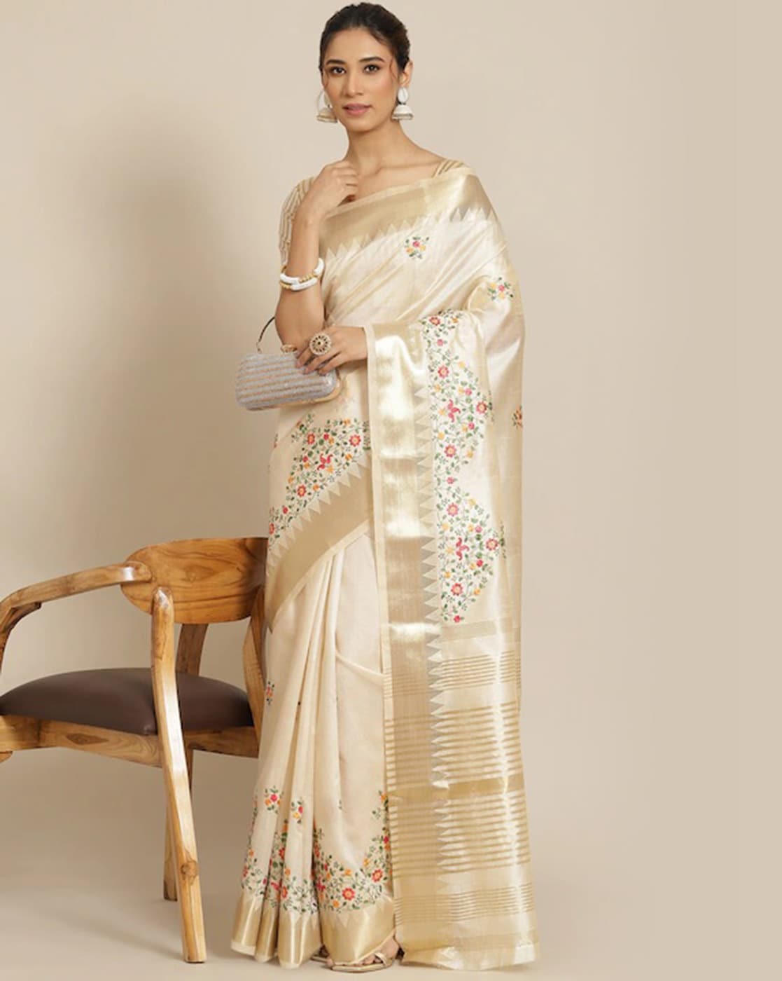 Digital Print Cream Textured Silk Saree