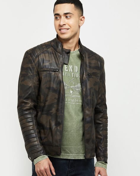 Leather Biker Jacket Max Jackets Mens Camouflage Front Open Biker