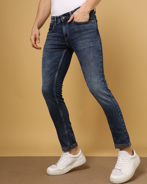 Mid-Wash Low-Rise Skinny Fit Narrow Leg Jeans