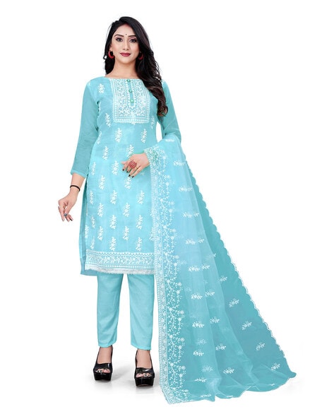 Lovely Sky Blue Colored Party Wear Embroidered Cotton Dress Material,  Unstitched Cotton Dress Material, सूती पोशाक सामग्री - Maia Nava, Bengaluru  | ID: 2851807588733
