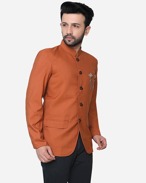 Terry Rayon Peach Checkered Nehru Jacket Half Sleeve Ceremonial Nehru