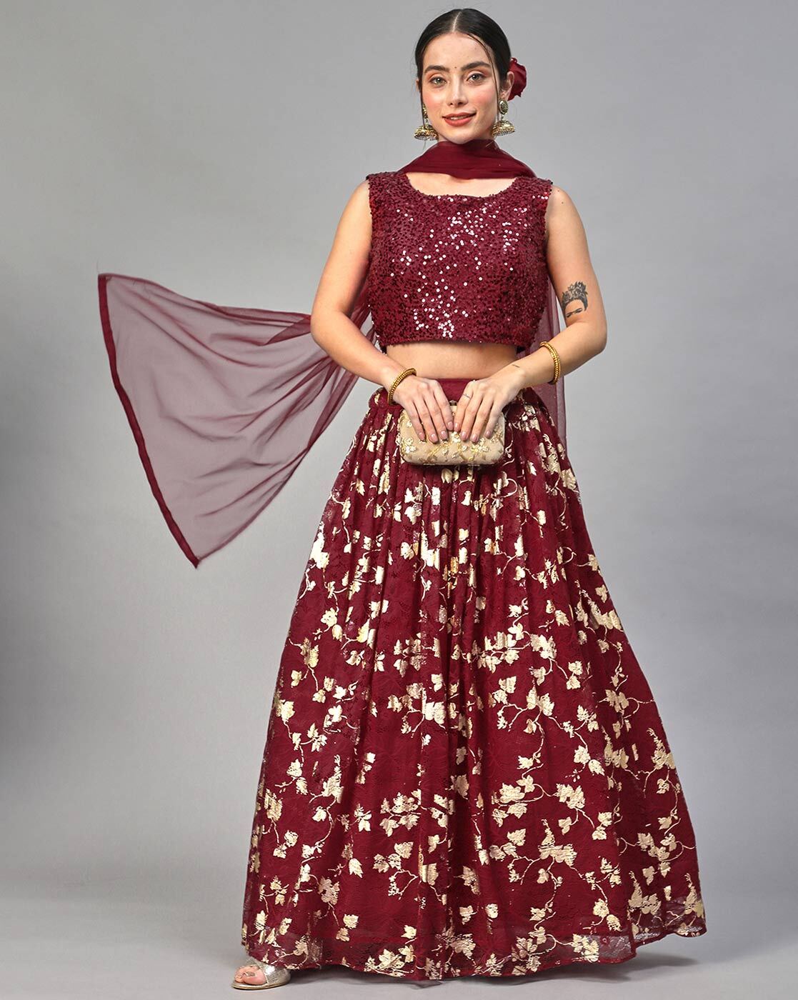 Deep Maroon Viscose Georgette & Net Lehenga Set Design by Sunita Bhandari  at Pernia's Pop Up Shop 2024