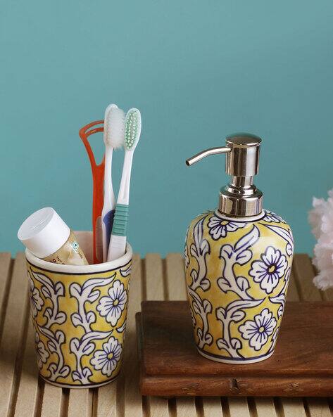 Set of Floral Print Ceramic Soap Dispenser with Brush Holder