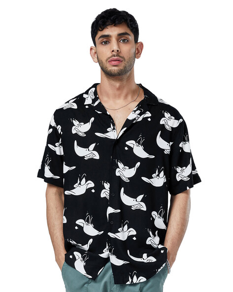 Cartoon Print Shirt with Spread Collar