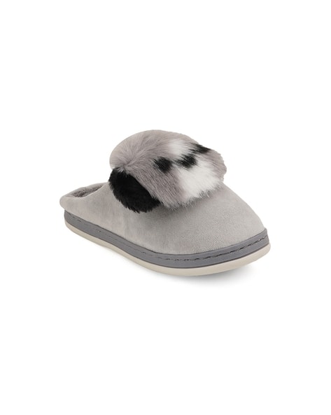 Round-Toe Fur Slides with Applique Detail