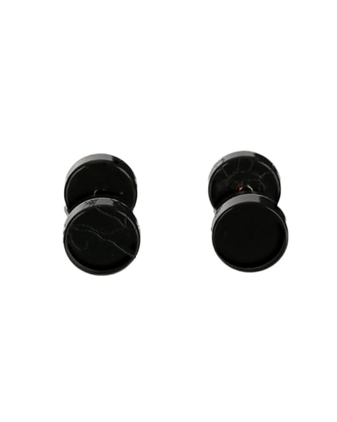 Pair of earrings for men, black steel, black round chip, screw nail