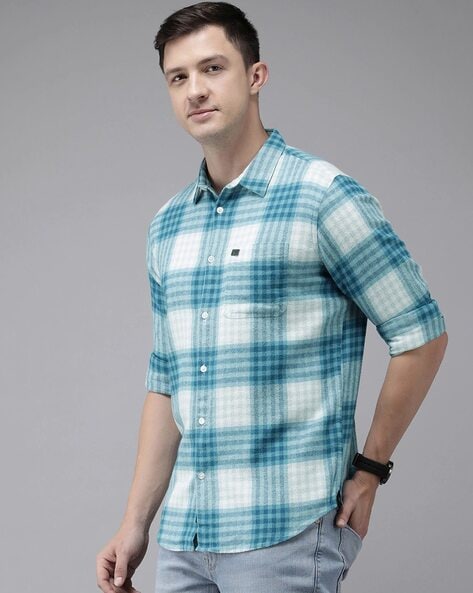 THE BEAR HOUSE Checked Spread-Collar Shirt (Blue)
