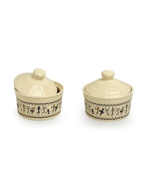 ExclusiveLane Handpainted Ceramic Pickle & Chutney Jars With Spoons (Set Of  2)