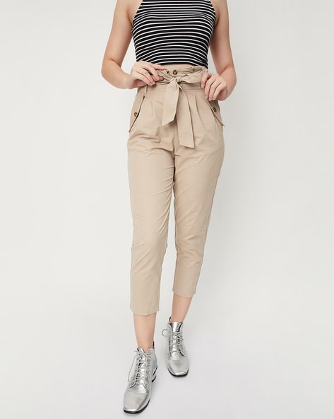 Tie-belt lyocell trousers - Light beige - Ladies | H&M IN