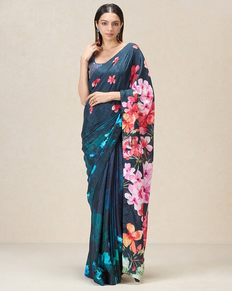 Buy Navyasa By Liva Monochrome Sky Meadows Liva Silk Satin Black Saree with  Unstitched Blouse online