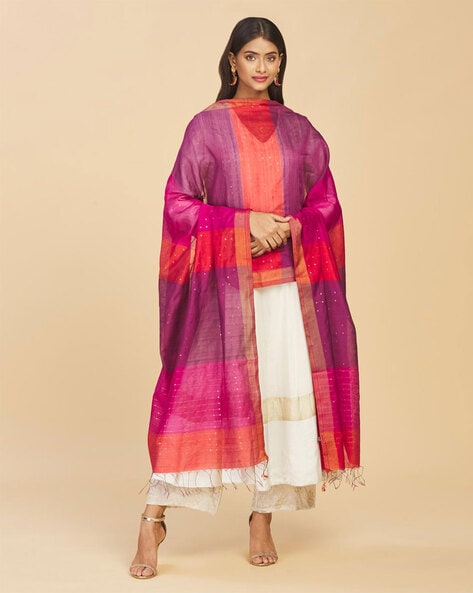 Colourblock Handwoven Dupatta with Tassels Price in India
