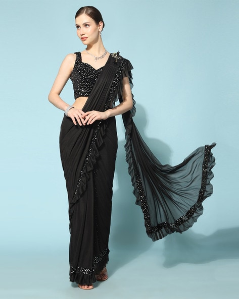 Buy Black Crush Party Wear Sequins Work Stitched Saree Online From  Wholesale Salwar.