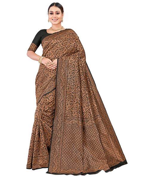 Black Banarasi Handloom Kora Silk Saree - Aura Benaras