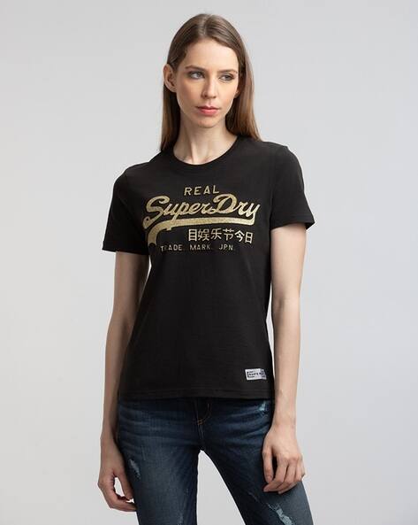 SUPERDRY V Logo Embossed Glitter Entry Round-Neck T-Shirt