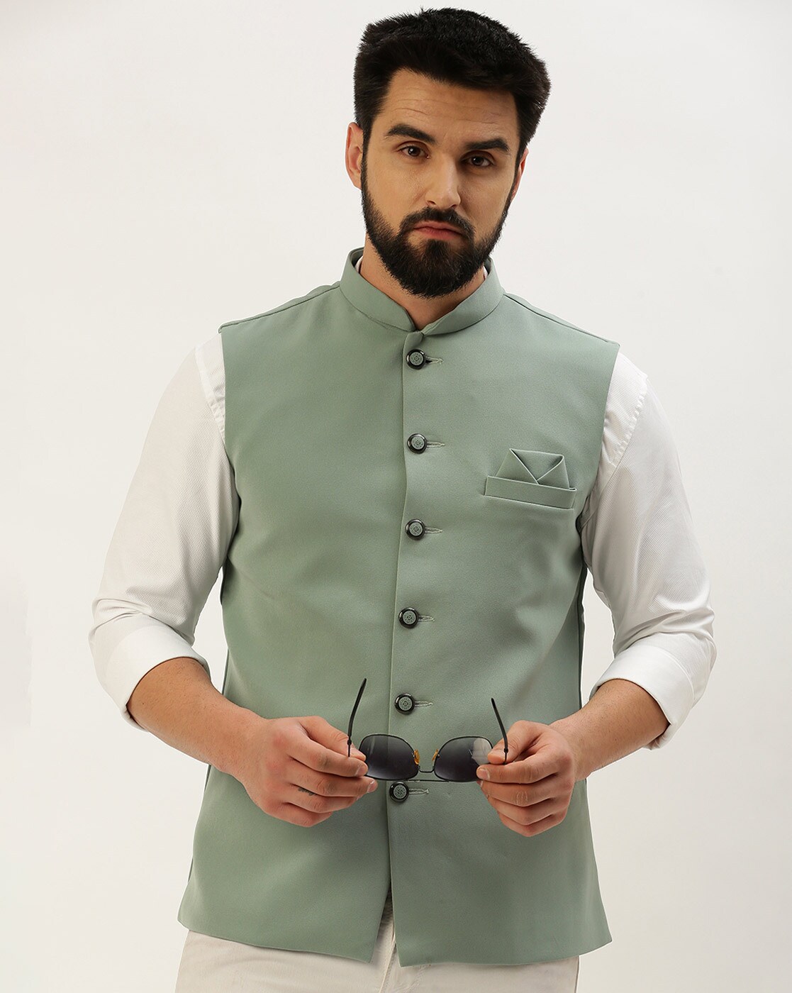 Embroidered Art Silk Nehru Jacket in Sea Green : MTR2869