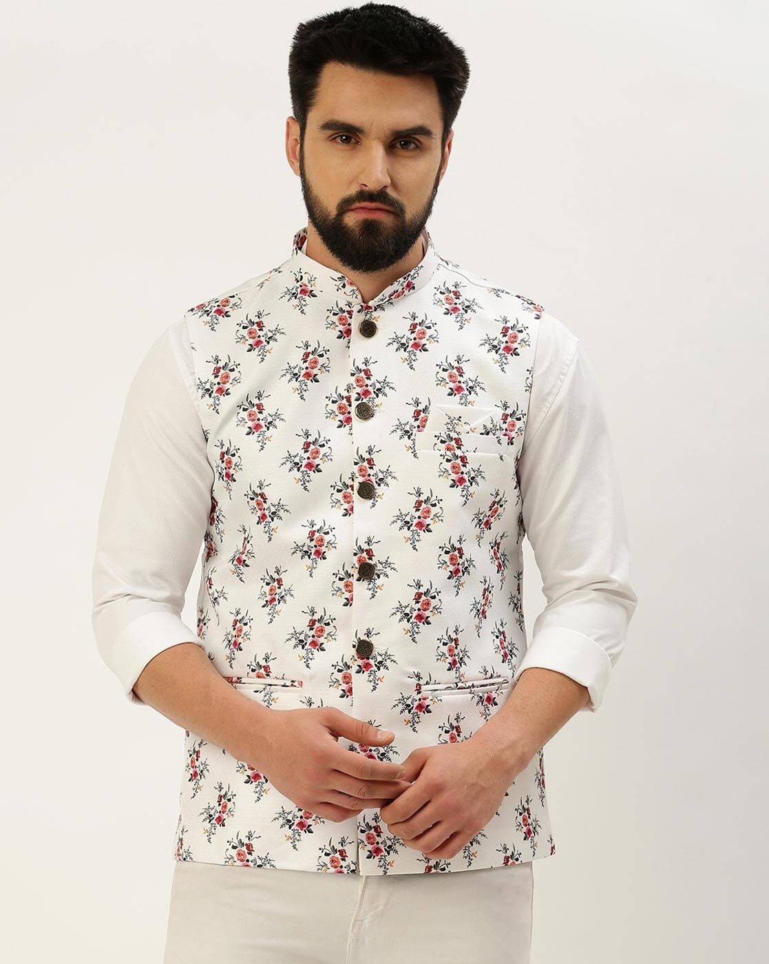 Maroon and rose printed nehru jacket with off white kurta and pyjama - set  of three by Desi Doree | The Secret Label