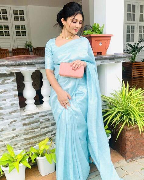 Shop Light Blue Drape Saree With Mirror Work Online in USA – Pure Elegance