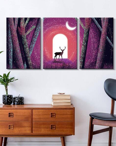 999store Set of 3 Moonlight with Deer Print Wall Art Paintings