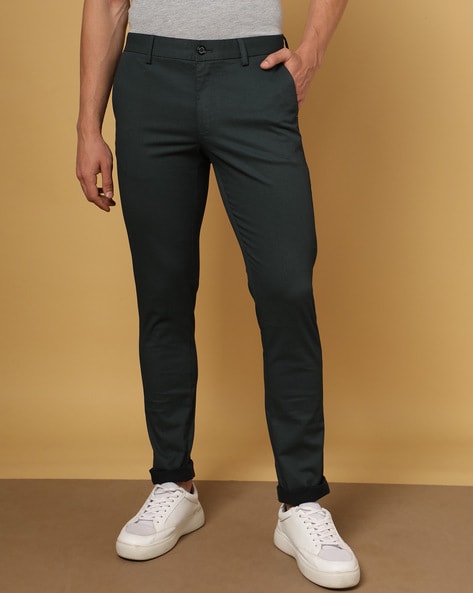 MEN BLACK 100% COTTON COMFORT TAPERED FIT LOW RISE TROUSERS