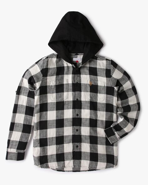 U S Polo Assn Checked Hooded Shirt