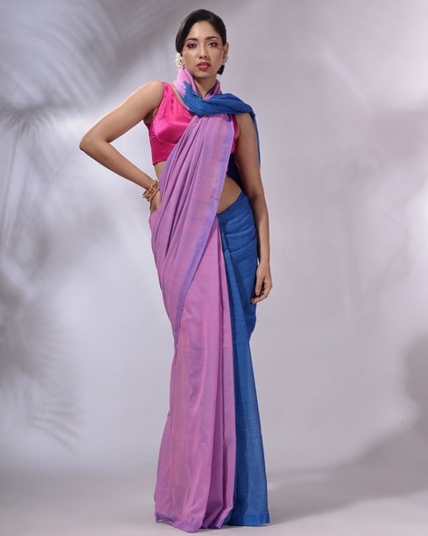 Baby Pink Handloom Kanchi Silk Cotton Half & Half Saree | Avishya.com