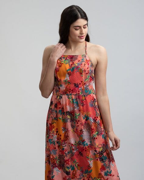 open lace back dress Superdry Womens Orange Multicolor Print Strappy Maxi Dress W8011059A-6W0