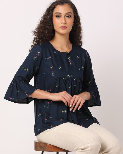 Printed Top with Bell Sleeves