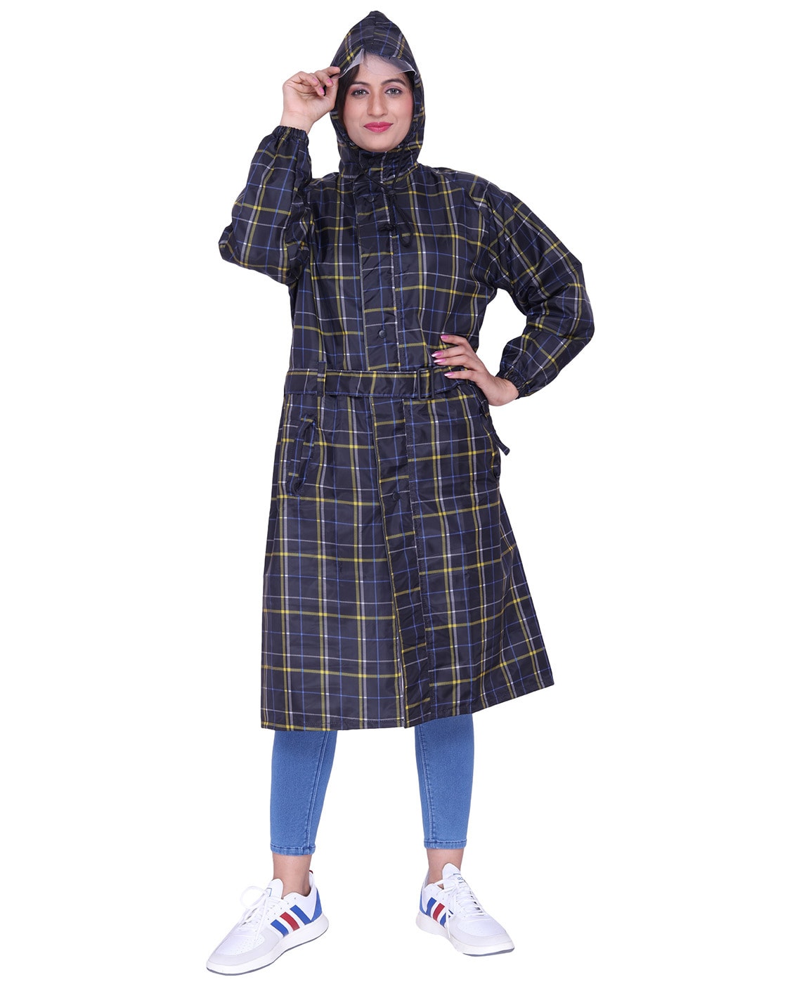 Plaid raincoat with clearance hood