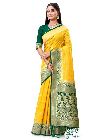 Ochre Yellow and Green Woven Kanjivaram Saree – MySilkLove