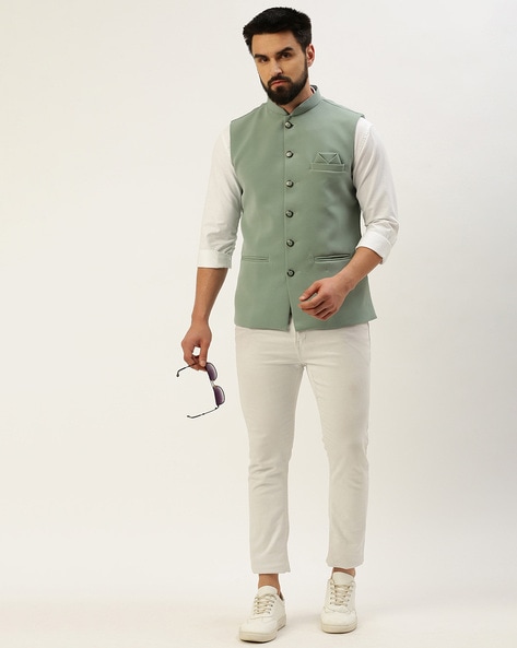 Buy Sea Green Nehru Jacket With Kurta And Pants In Chanderi Silk by  Designer ARJAN DUGAL Online at Ogaan.com