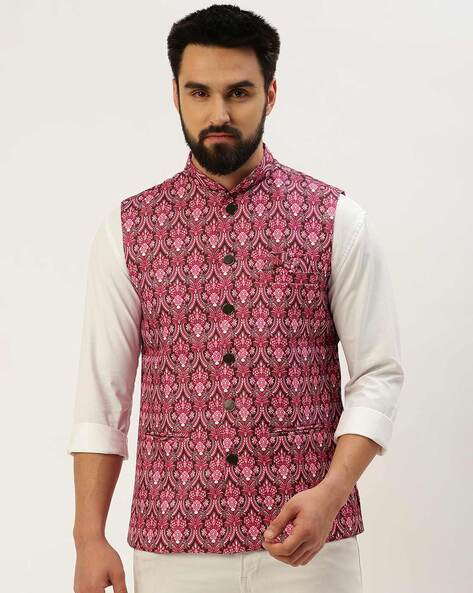 Beige And Red Printed Nehru Jacket – Vesham