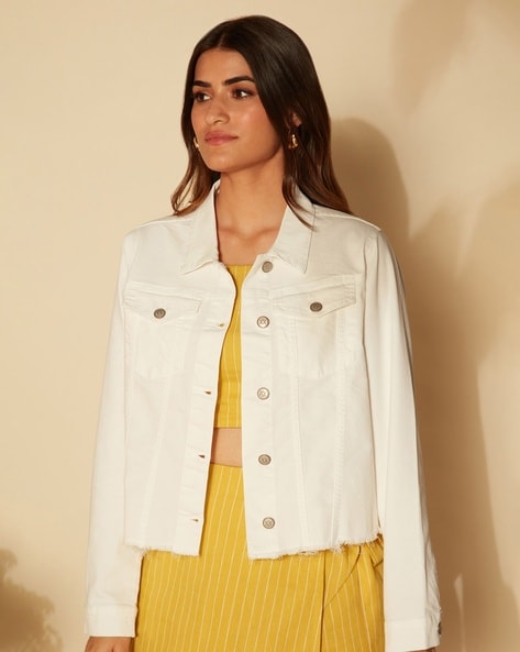 Skinnygirl Women's Collarless Fray Denim Jacket With Sleeve Stripe Whi –  Biggybargains