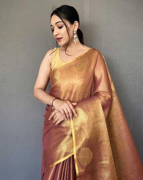 TEXATION Women's Kerala Kasavu Golden Colour Tissue Saree With Running  Blouse (Saree 5.5 meter, Blouse 0.8 meter) : Amazon.in: Fashion