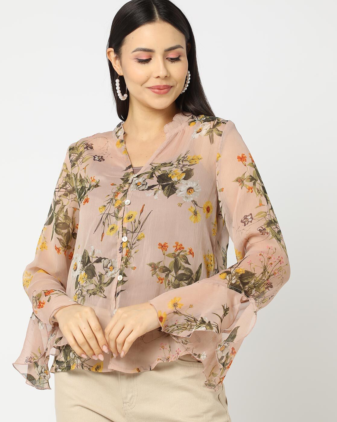 Boho Floral Print Chiffon Blouses Crew Neck Casual Lantern - Temu