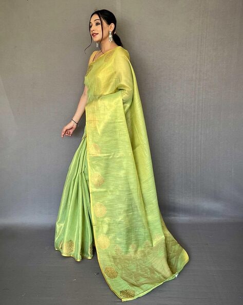 Art Silk Fabric Green Color Weaving Work Saree With Contrast Blouse