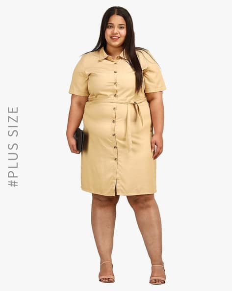 Ladies Dresses Plus Size Shirt Dress With Belt Juniper Mustard