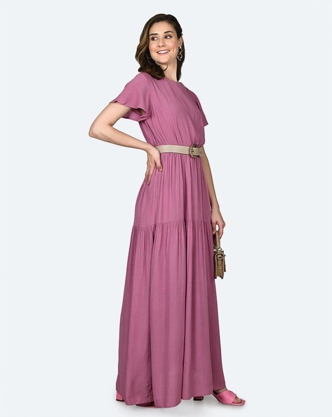 Flared Belted Onion Pink Maxi Dress