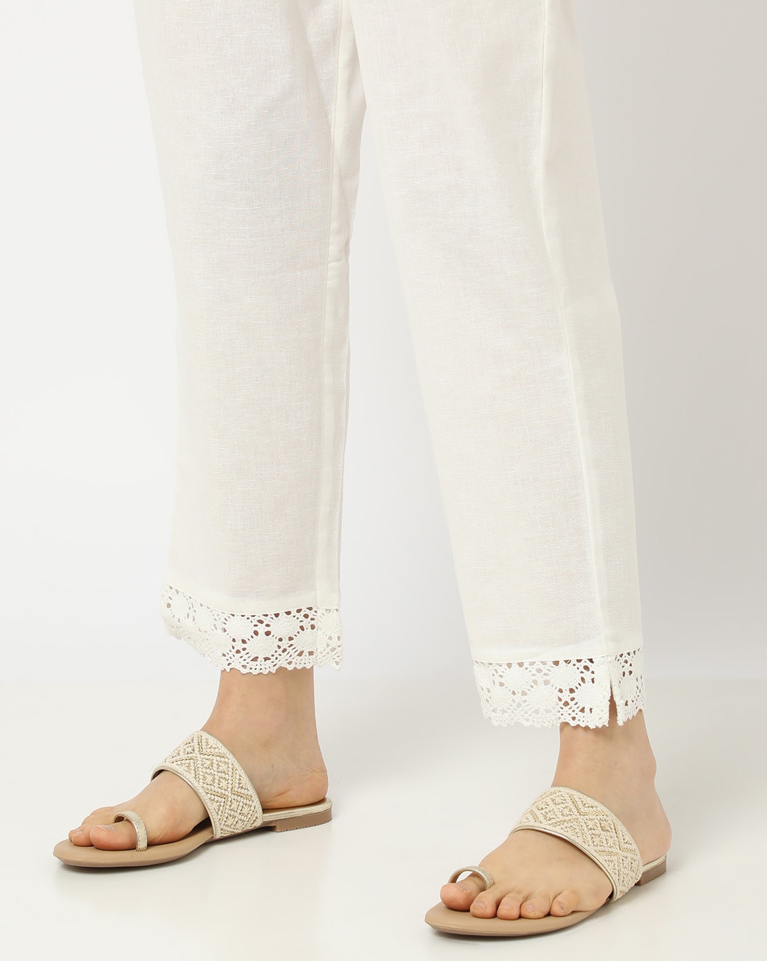 Straight Fit Pants with Lace Hem