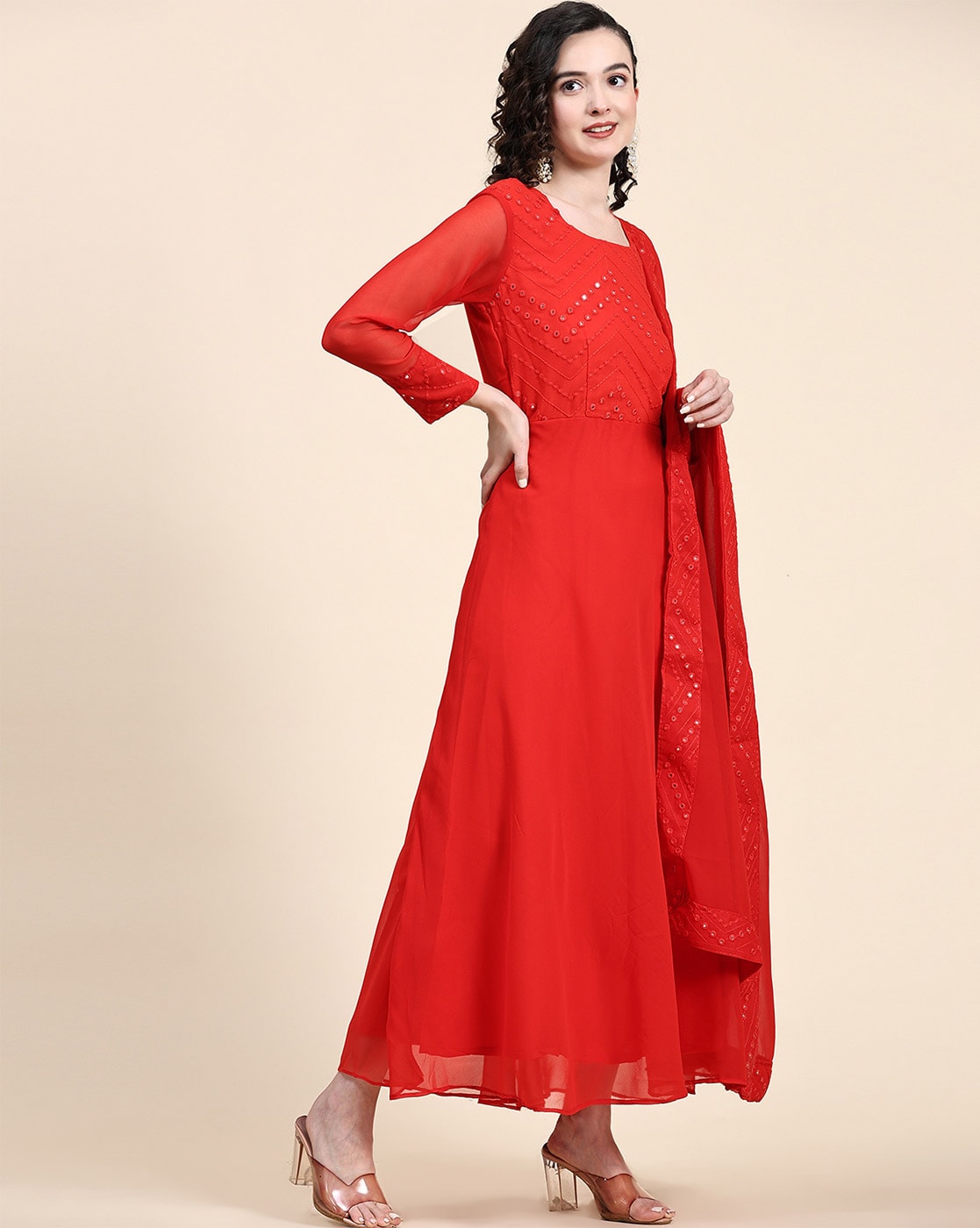 Ethnic Rayon Red Anarkali Gown For Women And Girls With Latkan Gown with  dupatta set