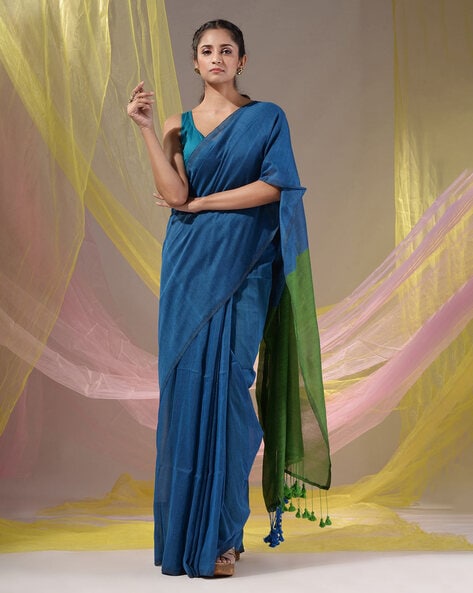 Buy Cobalt Blue Cotton Silk Saree online-Karagiri