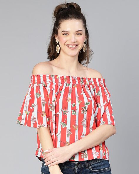 Off the shoulder red hotsell and white striped shirt