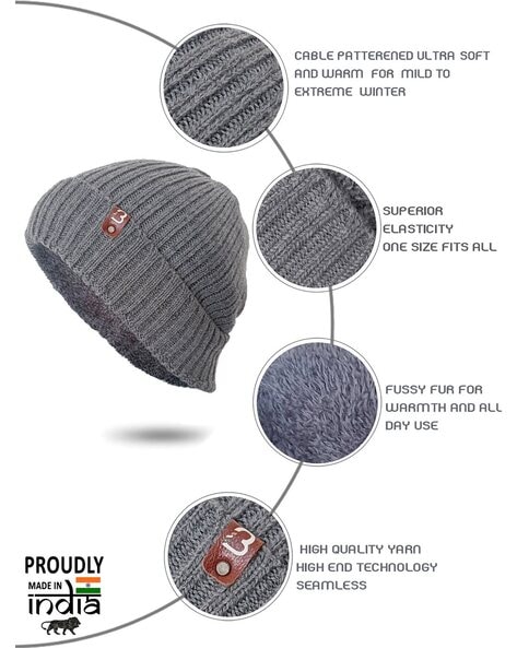 Bharatasya Set of 2 Cotton Beanies For Men (Grey, FS)