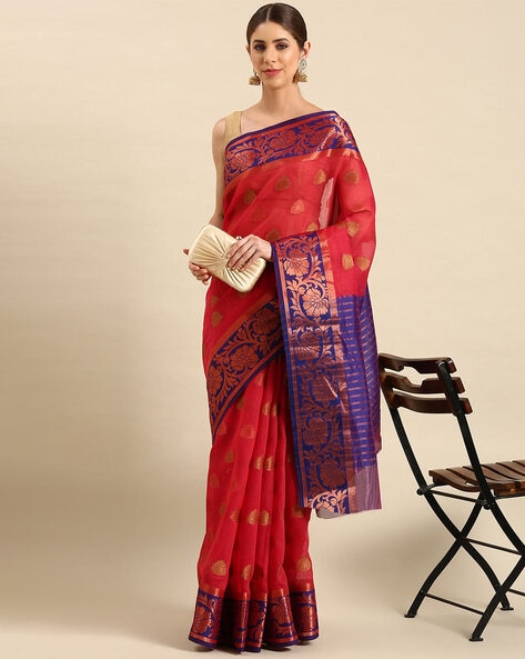 Buy Fire Orange Banarasi Chanderi Saree online-Karagiri