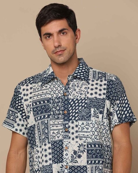 Block-Printed Men's Cotton Shirt from India - Bold Diamonds