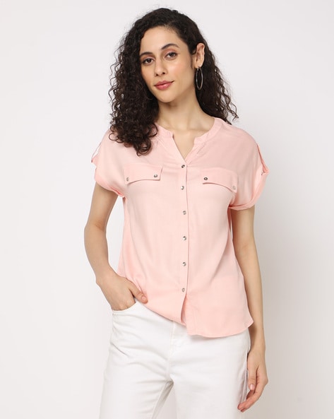 Button-Down Top with Mandarin Collar