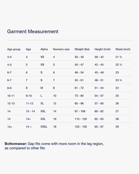 Gap pants shop size chart