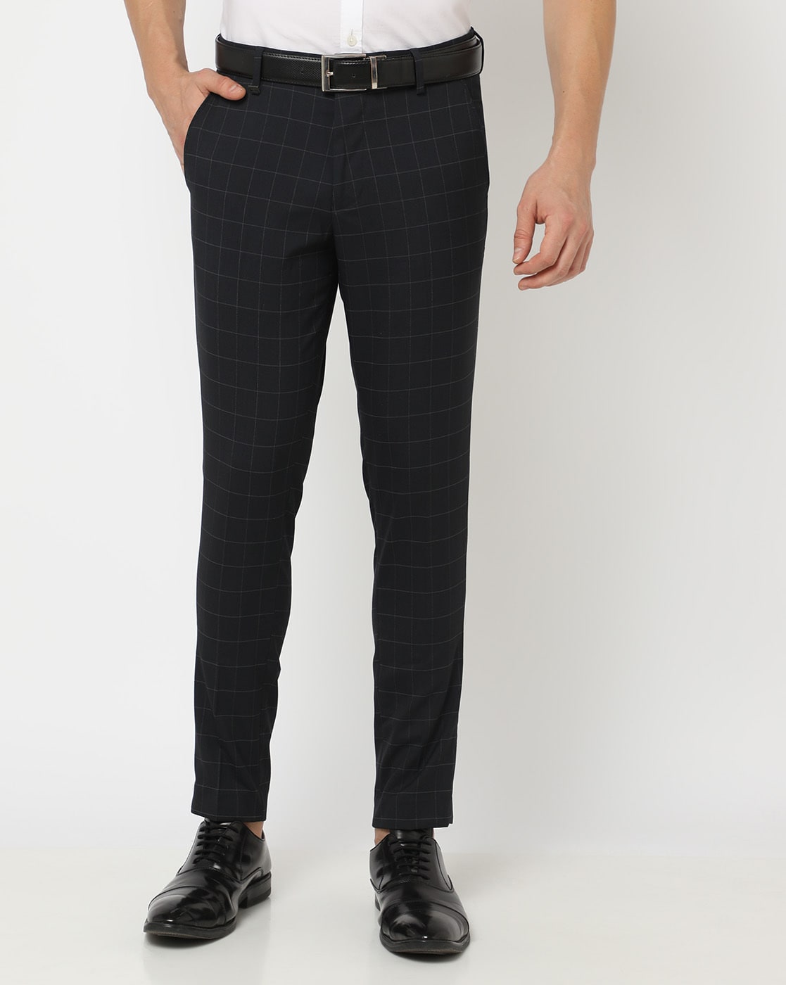 Indian Needle Men's Navy Cotton Checked Formal Trousers – Jompers