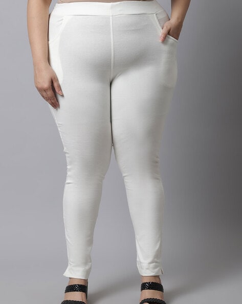 Romani Off White and Pink Plus Size Cotton Lycra Churidaar Leggings